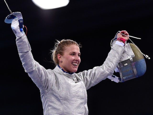 Olga Kharlan of Ukraine celebrates during in the Women's Fencing Team Sabre Final during day fifteen of the Baku 2015 European Games at the Crystal Hall on June 27, 2015