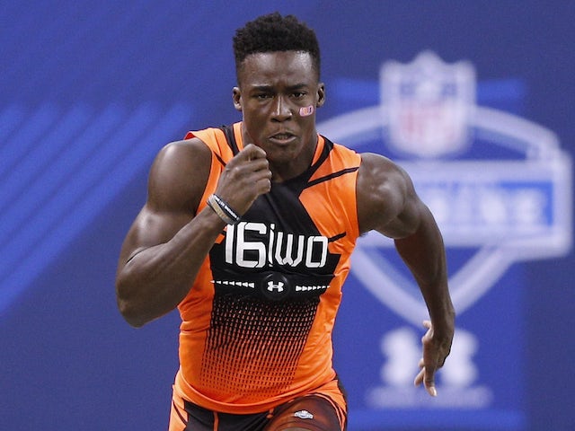 Wide receiver Phillip Dorsett of Miami runs the 40-yard dash during the 2015 NFL Scouting Combine at Lucas Oil Stadium on February 21, 2015