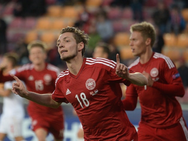 Denmark's Rasmus Falk celebrates after scoring during final tournament of the UEFA Under21 European Championship 2015 group A match between Denmark and Serbia on June 23, 2015