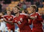 Denmark's Rasmus Falk celebrates after scoring during final tournament of the UEFA Under21 European Championship 2015 group A match between Denmark and Serbia on June 23, 2015