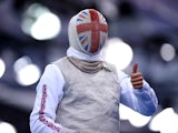 Richard Kruse of Great Britain reacts during the Men's Fencing Individual Foil Round of 32 match against Jean-Paul Tony Helissey of France on day thirteen of the Baku 2015 European Games at the Crystal Hall on June 25, 2015