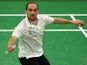 Scott Evans of Ireland competes against Gergely Krausz of Hungary in the Badminton Men's Singles Group A match during day twelve of the Baku 2015 European Games at the Baku Sports Hall on June 24, 2015