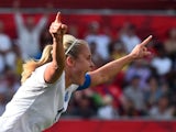 England's Steph Houghton (5) celebrates her score against Norway during their 2015 FIFA Women's World Cup Round of 16 football match at Lansdowne Stadium in Ottawa on June 22, 2015