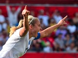 England's Steph Houghton (5) celebrates her score against Norway during their 2015 FIFA Women's World Cup Round of 16 football match at Lansdowne Stadium in Ottawa on June 22, 2015