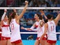 Team Turkey celebrates during the Women's Volleyball semi final match between Azerbaijan and Turkey during day thirteen of the Baku 2015 European Games at the Crystal Hall on June 25, 2015