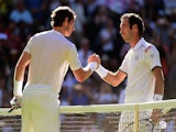 Andy Murray of Great Britain shakes hands with his opponent after winning his Gentlemen's Singles first round match against Mikhail Kukushkin of Kazakhstan during day two of the Wimbledon Lawn Tennis Championships at the All England Lawn Tennis and Croque