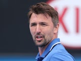 Goran Ivanisevic of Croatia in action in their legends doubles match during day nine of the 2015 Australian Open at Melbourne Park on January 27, 2015