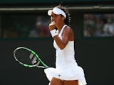 Heather Watson of Great Britain celebrates a point during her Ladies Singles Second Round match against Daniela Hantuchova of Slovakia during day three of the Wimbledon Lawn Tennis Championships at the All England Lawn Tennis and Croquet Club on July 1, 2
