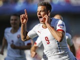 Jan Kliment of Czech Republic celebrates goal with his team-mates during UEFA U21 European Championship Group A match between Serbia and Czech Republic at Letna Stadium on June 20, 2015
