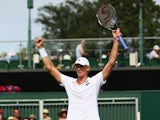 Kevin Anderson of South Africa celebrates match point in his Gentlemens Singles Third Round match against Leonardo Mayer of Argentina during day five of the Wimbledon Lawn Tennis Championships at the All England Lawn Tennis and Croquet Club on July 3