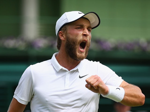 Liam Broady of Great Britain reacts during his match against Marinko Matosevic of Australia in their Gentlemen's Singles first round match during day one of the Wimbledon Lawn Tennis Championships at the All England Lawn Tennis and Croquet Club on June 29