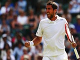 Marin Cilic of Croatia celebrates a point in his Gentlemens Singles Second Round match against Ricardas Berankis of Lithuania during day three of the Wimbledon Lawn Tennis Championships at the All England Lawn Tennis and Croquet Club on July 1, 2015