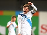 Nicolas Lombaerts of FC Zenit St. Petersburg celebrates after their victory over PFC CSKA Moscow in the Russian Premier League match between PFC CSKA Moscow and FC Zenit St. Petersburg at the Arena Khimki Stadium on November 01, 2014