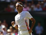 Roger Federer of Switzerland celebrates during his Mens Singles Third Round match against Sam Groth of Australia during day six of the Wimbledon Lawn Tennis Championships at the All England Lawn Tennis and Croquet Club on July 4, 2015