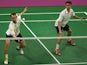  Sam Magee (L) and Joshua Magee (R) of Ireland compete during the Men's Doubles Group A match against Ricardo Silva and Angelo Silva of Portugal during day eleven of the Baku 2015 European Games at the Baku Sports Hall on June 23, 2015