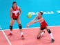 Neriman Ozsoy (13) and Naz Aydemir Akyol (11) of Turkey in action during the Women's Volleyball gold medal match between Turkey and Poland on day fifteen of the Baku 2015 European Games at the Crystal Hallon June 27, 2015