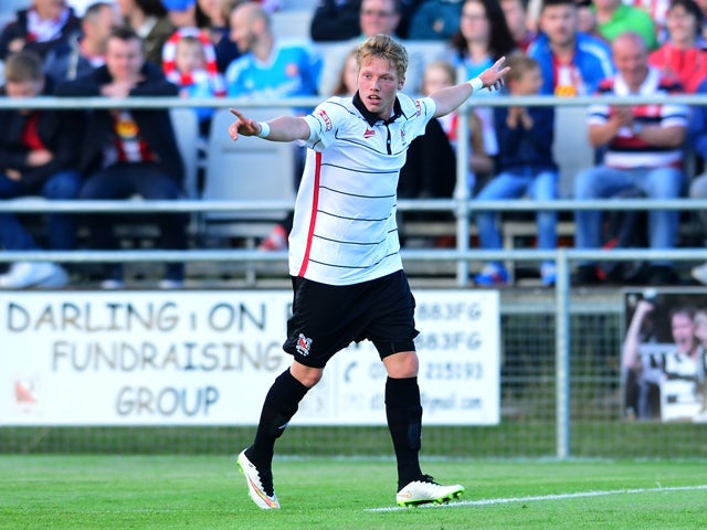 Adam Mitchell of Darlington celebrates after scoring during a pre season friendly between Darlington and Sunderland at Heritage Park on July 9, 2015