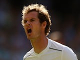 Andy Murray of Great Britain celebrates a point in his Gentlemen's Singles Fourth Round match against Ivo Karlovic of Croatia during day seven of the Wimbledon Lawn Tennis Championships at the All England Lawn Tennis and Croquet Club on July 6, 2015