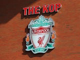 A general view showing the Liverpool club badge at The Kop end prior to the Barclays Premier League match between Liverpool and Manchester United at Anfield on March 22, 2015