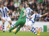 Leigh Griffiths of Celtic has the only shot of the game in the first half at the Pre Season Friendly between Celtic and Real Sociedad at St Mirren Park on July 10th, 2015