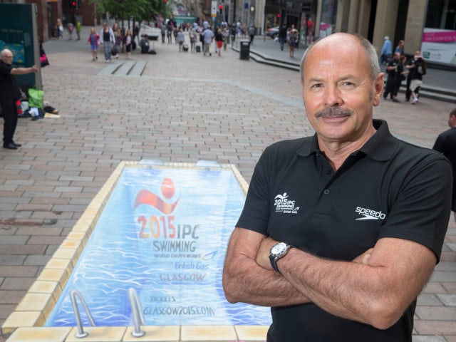Former swimmer David Wilkie helps to open street pool art in the centre of Glasgow ahead of the IPC Swimming World Championships