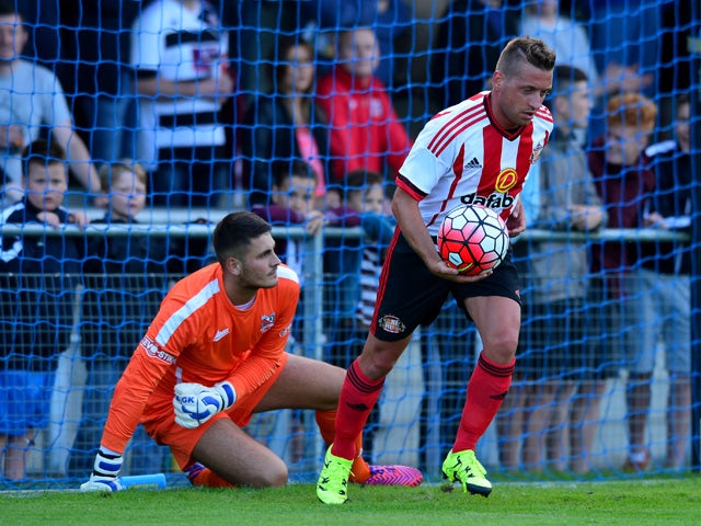 Emanuele Giaccherini of Sunderland retrieves the ball from Darlington goal keeper Peter Jameson after scoring in the first half during a pre season friendly between Darlington and Sunderland at Heritage Park on July 9, 2015