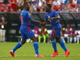 Duckens Nazon #20 of Haiti reacts with Jeff Louis #10 of Haiti after scoring against Panama during the 2015 CONCACAF Gold Cup Group A match between Panama and Haiti at Toyota Stadium on July 7, 2015