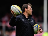 Newcastle coach John Wells in action during the warm up before the Aviva Premiership match between Gloucester Rugby and Newcastle Falcons at Kingsholm Stadium on April 25, 2015