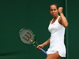 Madison Keys of the United States celebrates a point in her Ladies' Singles Fourth Round match against Olga Govortsova of Belarus during day seven of the Wimbledon Lawn Tennis Championships at the All England Lawn Tennis and Croquet Club on July 6, 2015