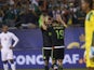 Mexican National Team forward Oribe Peralta (19) celebrates his goal with teammate Carlos Vela as Cuban National Team players look on during the second half of their CONCACAF Gold Cup soccer game at Soldier Field July 9, 2015