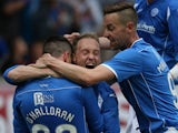 Michael O'Halloran of St Johnstone celebrates after he scores with Steven Anderson and Steven MacLeanduring the Uefa Europa League 2015/16, 1st Qualifying Round, second leg at McDairmid Park, on July 09, 2015
