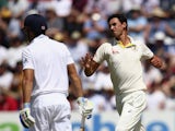 Mitchell Starc of Australia celebrates after taking the wicket of Alastair Cook of England during day three of the 1st Investec Ashes Test match between England and Australia at SWALEC Stadium on July 10, 2015