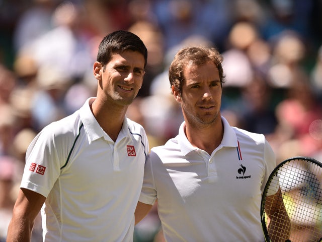 Serbia's Novak Djokovic stands with France's Richard Gasquet ahead of their men's semi-final match on day eleven of the 2015 Wimbledon Championships at The All England Tennis Club in Wimbledon, southwest London, on July 10, 2015