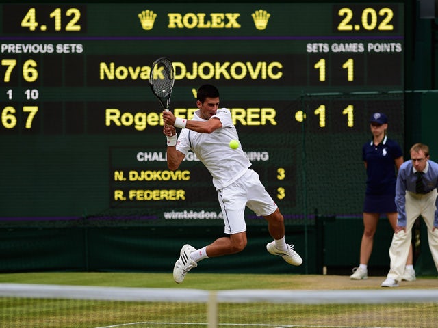 Novak Djokovic of Serbia plays a backhand in the Final Of The Gentlemen's Singles against Roger Federer of Switzerland on day thirteen of the Wimbledon Lawn Tennis Championships at the All England Lawn Tennis and Croquet Club on July 12, 2015