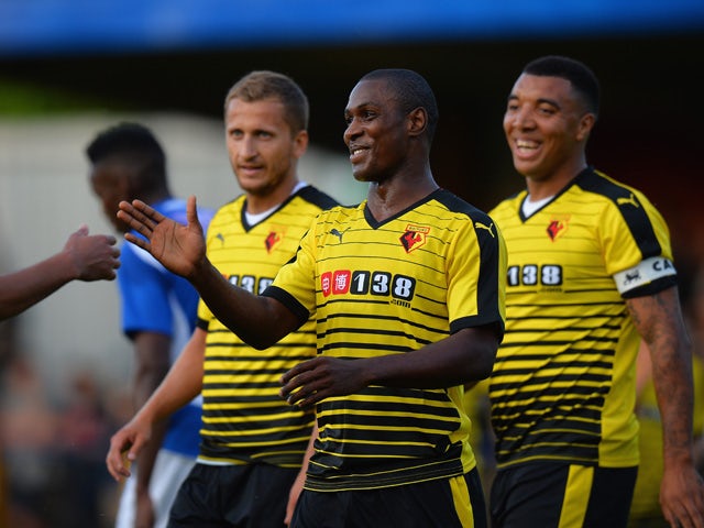 Odion Ighalo of Watford celebrates scoring their second goal during the Pre Season Friendly match between St Albans City and Watford at Clarence Park on July 8, 2015
