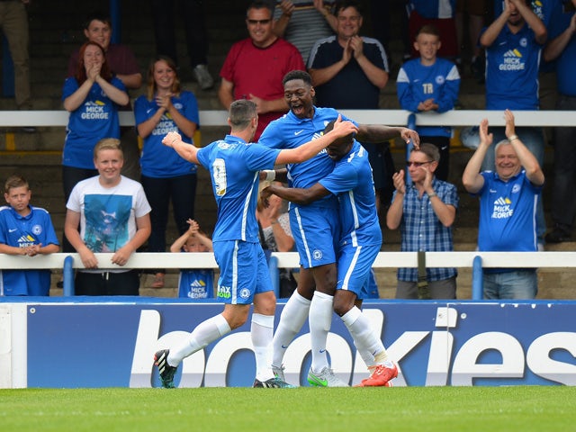 Ricardo Almeidwa Santos of Peterborough United celebrates scoring their first goal during the Pre Season Friendly match between Peterborough United and West Ham United at London Road Stadium on July 11, 2015