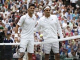 Serbia's Novak Djokovic (L) stands on court alongside Switzerland's Roger Federer ahead of their men's singles final match during the presentation on day thirteen of the 2014 Wimbledon Championships at The All England Tennis Club in Wimbledon, southwest L