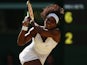 Serena Williams of the United States plays a backhand in the Ladies Singles Semi Final match against Maria Sharapova of Russia during day ten of the Wimbledon Lawn Tennis Championships at the All England Lawn Tennis and Croquet Club on July 9, 2015