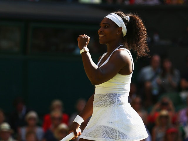 Serena Williams of the United States celebrates after winning the Ladies Singles Semi Final match against Maria Sharapova of Russia during day ten of the Wimbledon Lawn Tennis Championships at the All England Lawn Tennis and Croquet Club on July 9, 2015