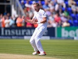 Stuart Broad celebrates dismissing Shane Watson on day three of the First Test of The Ashes on July 10, 2015