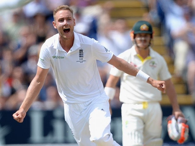 Stuart Broad celebrates dismissing Chris Rogers on day four of the First Test of The Ashes on July 11, 2015