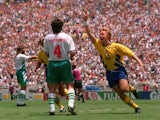 Tomas Brolin of Sweden celebrates after scoring the opening goal against Bulgaria 1994 world cup finals third and fourth playoff match at the rose bowl stadium in Pasadena, California