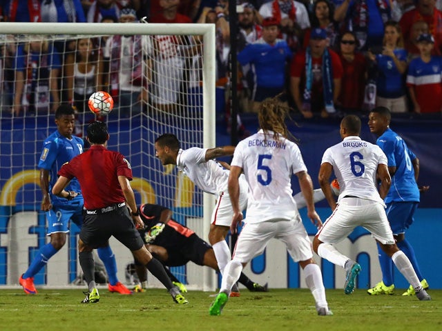Clint Dempsey #8 of USA scores against Honduras during the 2015 CONCACAF Gold Cup Group A match between USA and Honduras at Toyota Stadium on July 7, 2015