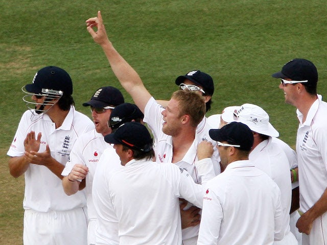 Andrew Flintoff (C) of England celebrates the wicket of Nathan Hauritz during day five of the npower 2nd Ashes Test Match between England and Australia at Lord's on July 20, 2009
