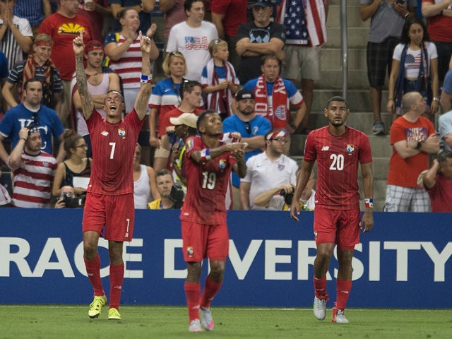 Blas Perez (7) of Panama celebrates a goal against the United States during the CONCACAF Gold Cup match between Panama and United States at Sporting Park in Kansas City, Kansas on July 13, 2015