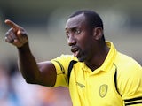 Jimmy Floyd Hasselbaink, the Burton Albion manager, shouts instructions during the pre season friendly match between Burton Albion and Wolverhampton Wanderers at the Pirelli Stadium on July 18, 2015 