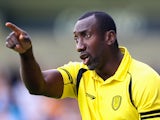Jimmy Floyd Hasselbaink, the Burton Albion manager, shouts instructions during the pre season friendly match between Burton Albion and Wolverhampton Wanderers at the Pirelli Stadium on July 18, 2015 
