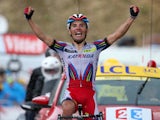 Joaquin Rodriguez Oliver of Spain and Team Katusha celebrates as he crosses the finish line to win stage twelve of the 2015 Tour de France, a 195 km stage between Lannemezan and Plateau de Beille, on July 16, 2015
