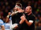 Kieran Read of the New Zealand All Blacks celebrates his try with Tony Woodcock during The Rugby Championship match between the New Zealand All Blacks and Argentina at AMI Stadium on July 17, 2015