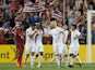 Michael Bradley (4) of the United States celebrates a goal with United States teammates during the CONCACAF Gold Cup match between Panama and United States at Sporting Park in Kansas City, Kansas on July 13, 2015